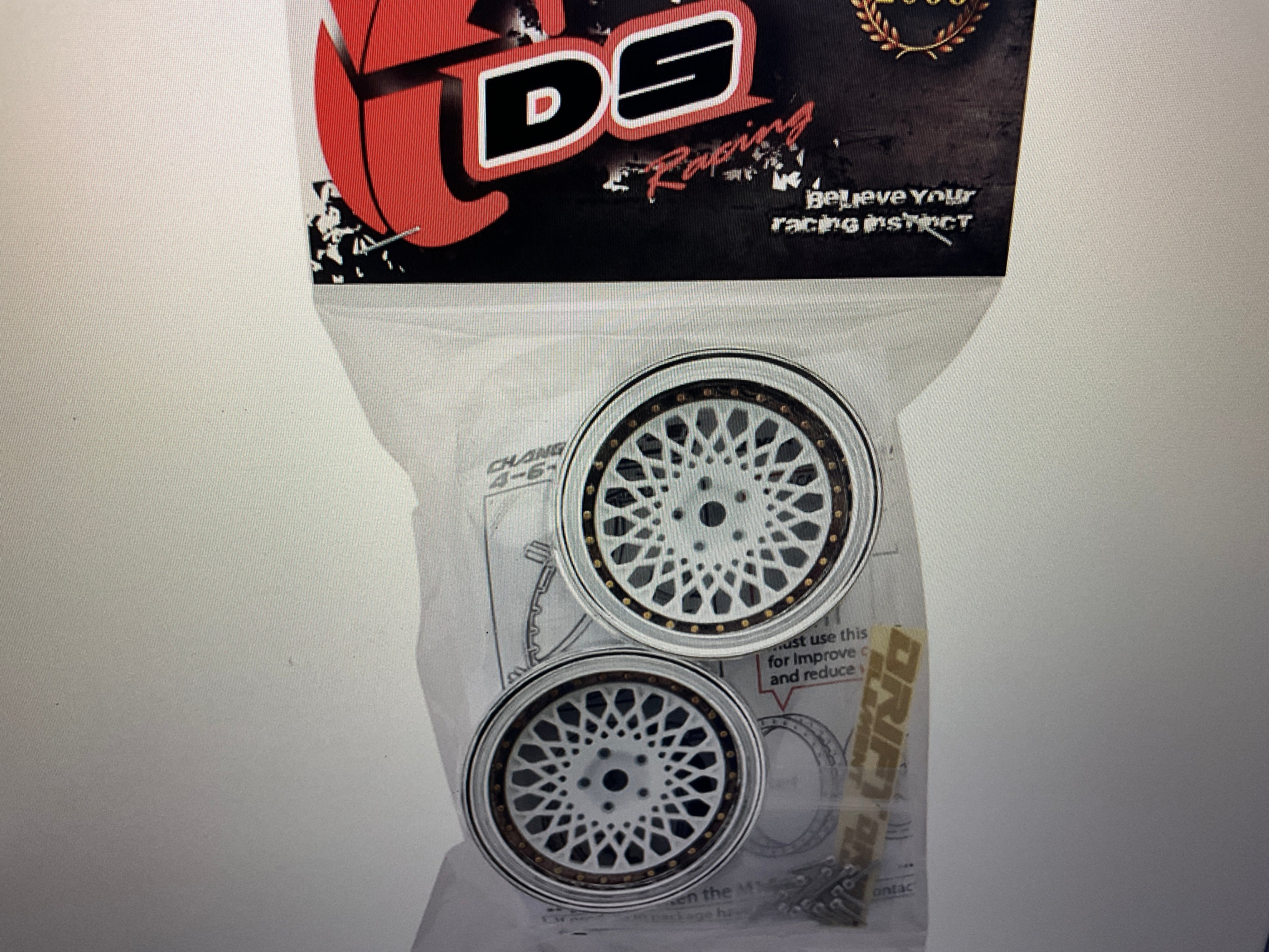 DS Racing Element Mesh Drift Wheels (White w/Chrome Lip & Gold Rivets) (Adjustable Offset) (2) w/12mm Hex