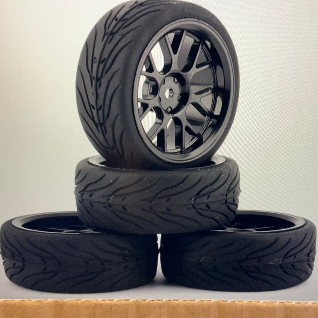 Yeah Racing Spec T Pre-Mounted On-Road Touring Tires w/CS Wheels (Black) (4) w/12mm Hex & 3mm Offset