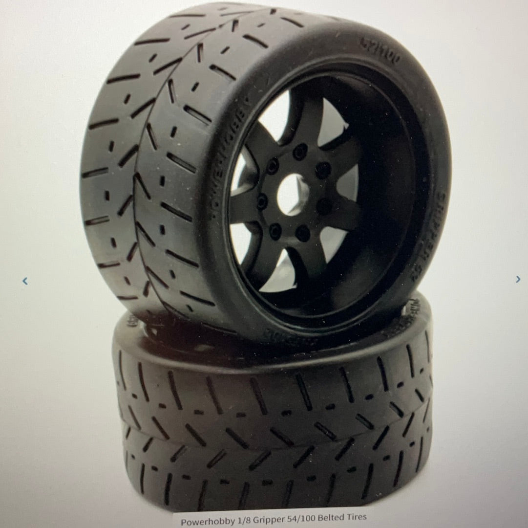 Powerhobby 1/8 Gripper 54/100 Belted Mounted Tires 17mm Black Wheels