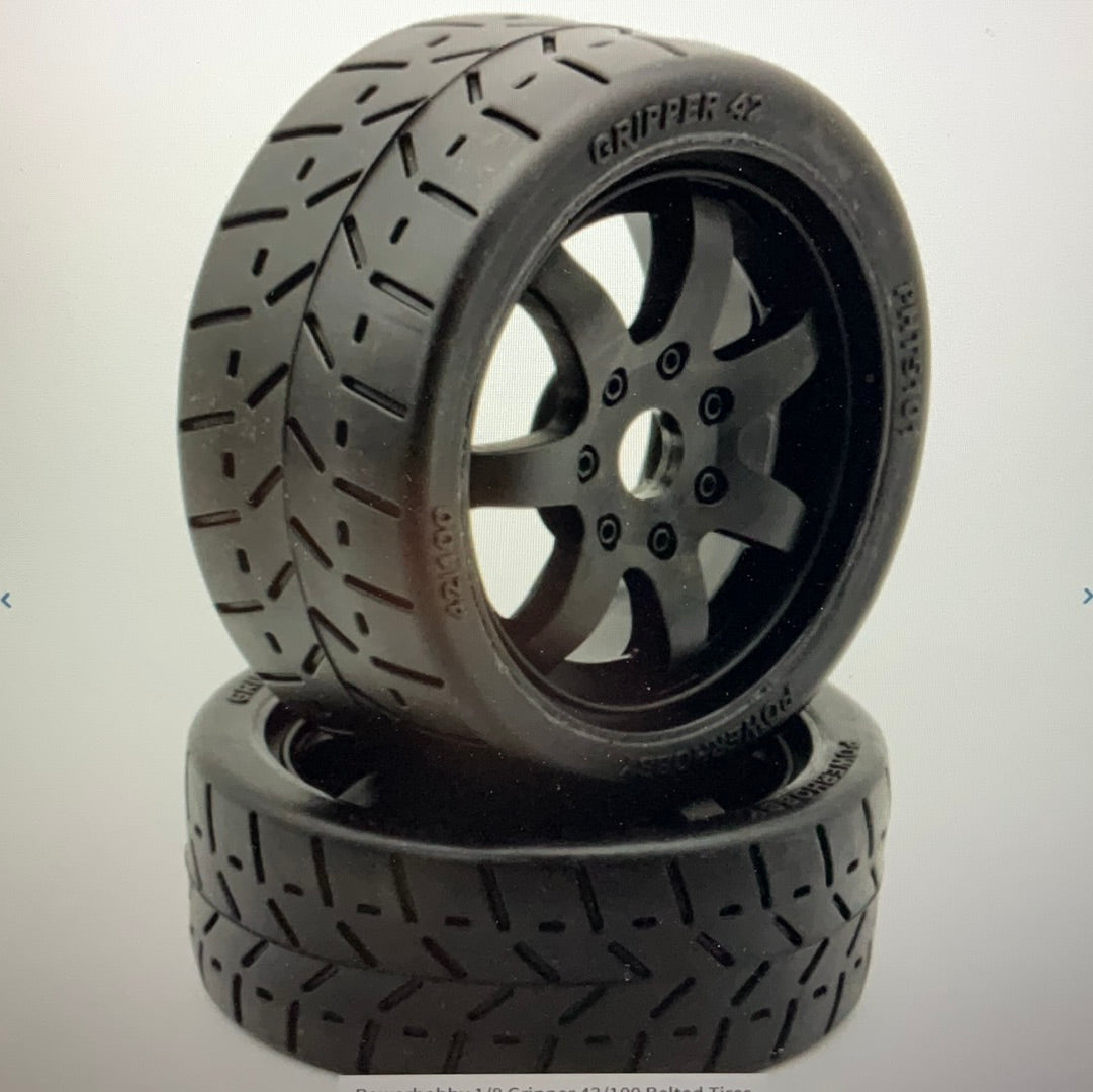 Powerhobby 1/8 Gripper 42/100 Belted Mounted Tires 17mm Black Wheels