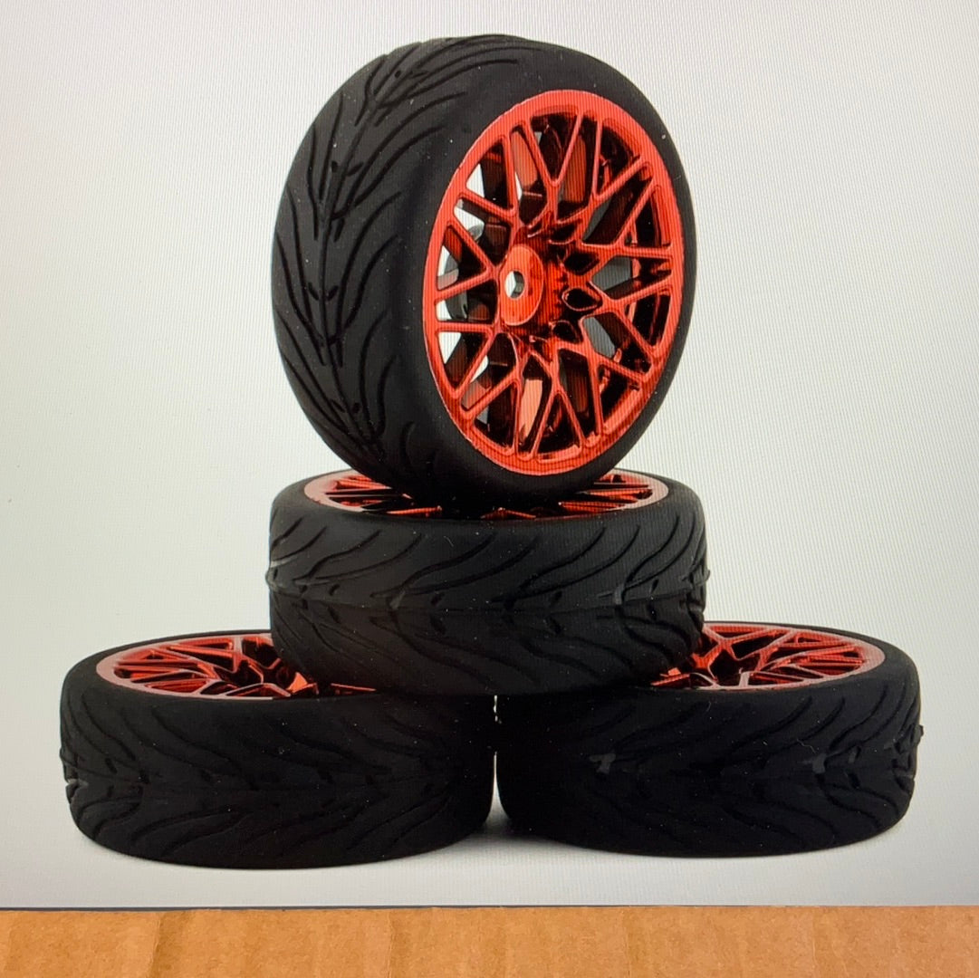 Yeah Racing Spec T Pre-Mounted On-Road Touring Tires w/LS Wheels (Red) (4) w/12mm Hex & 3mm Offset
