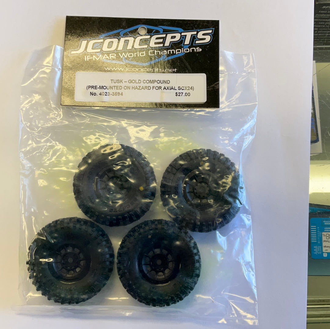 JConcepts Tusk 1.0" Pre-Mounted Tires w/Hazard Wheel (Black) (4) (Gold) w/7mm Hex