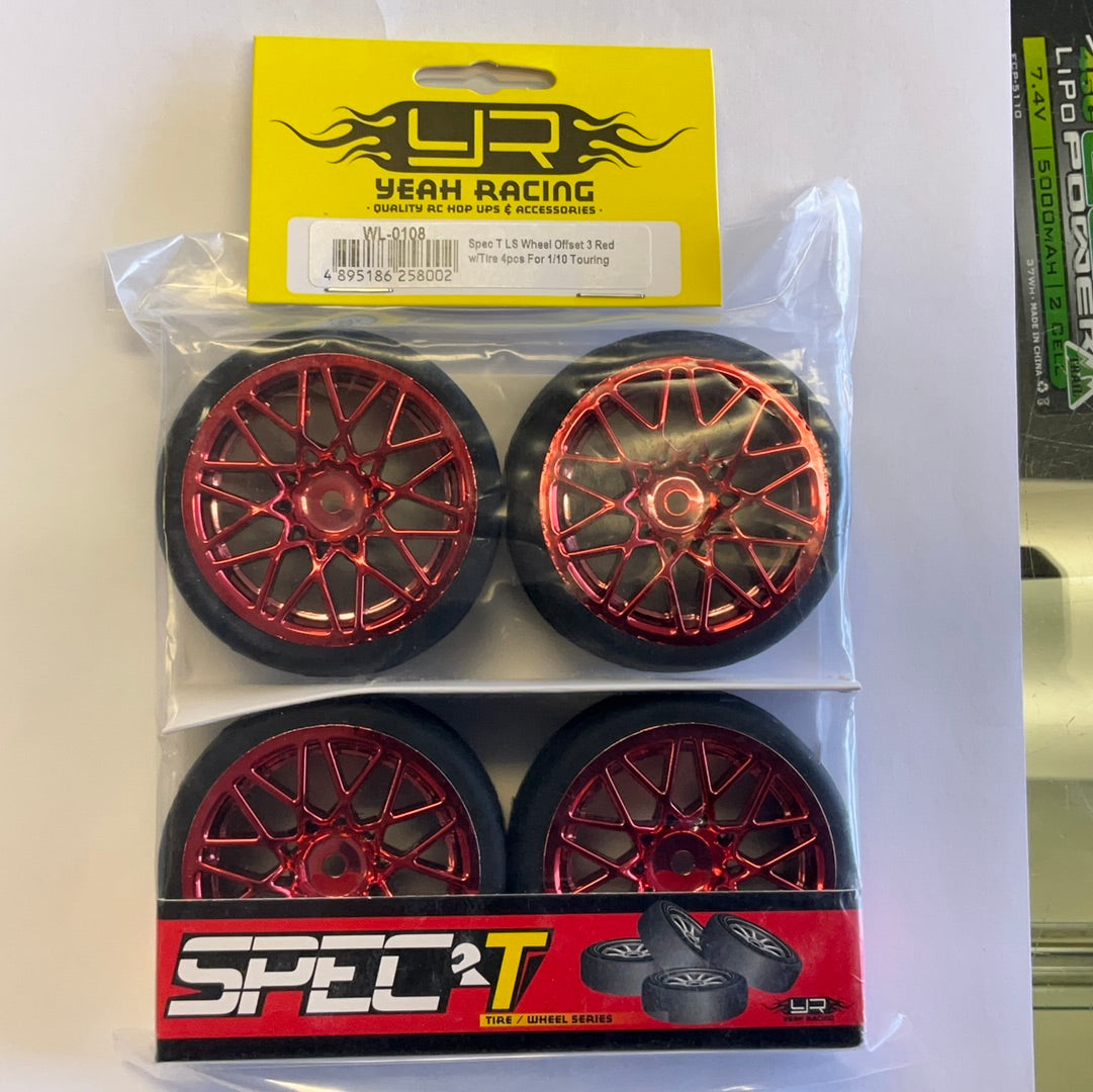 Yeah Racing Spec T Pre-Mounted On-Road Touring Tires w/LS Wheels (Red) (4) w/12mm Hex & 3mm Offset
