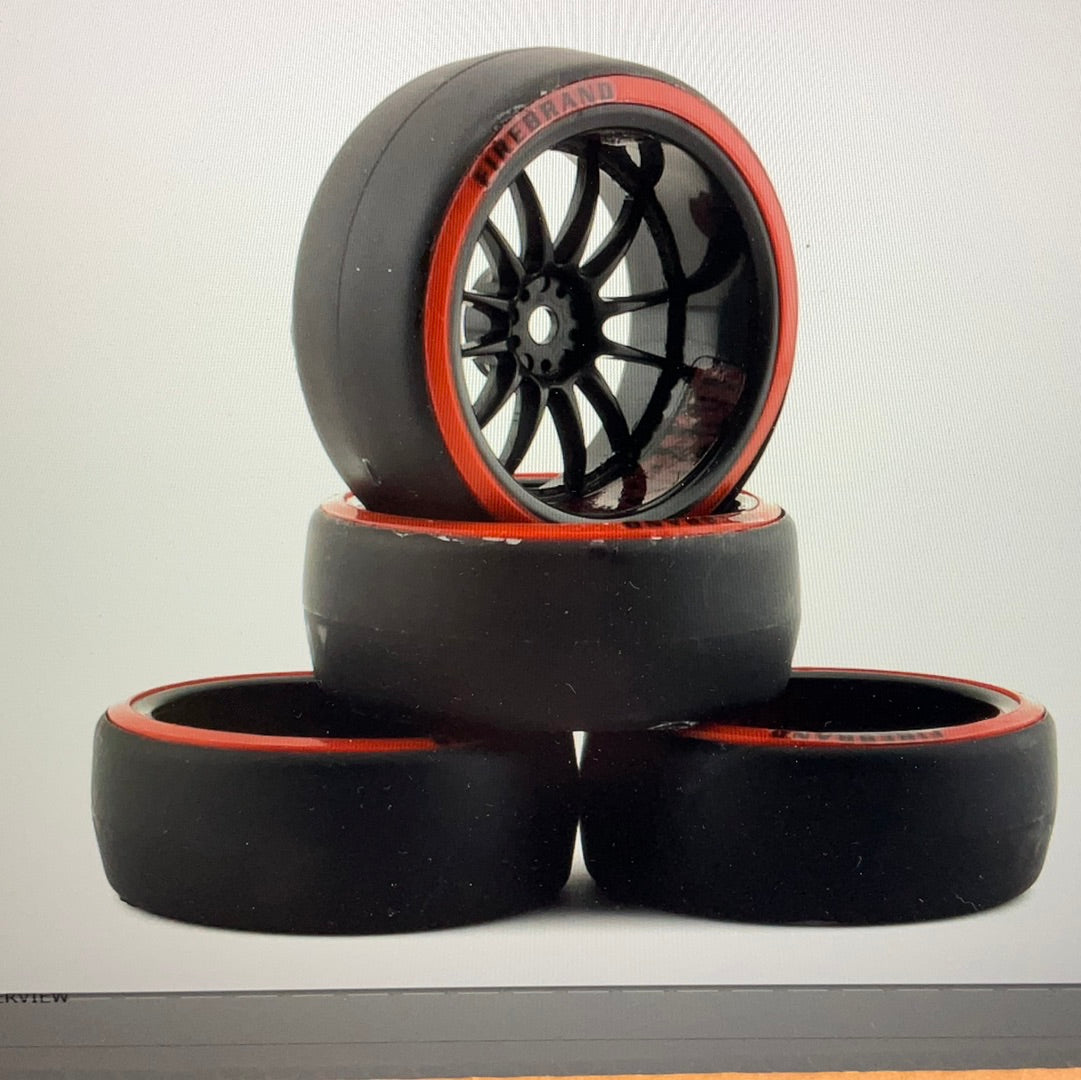 Firebrand RC Char D29R Pre-Mounted 2-Piece Slick Drift Tires (4) (Black/Red) w/D2 Tires, 12mm Hex & 9mm Offset