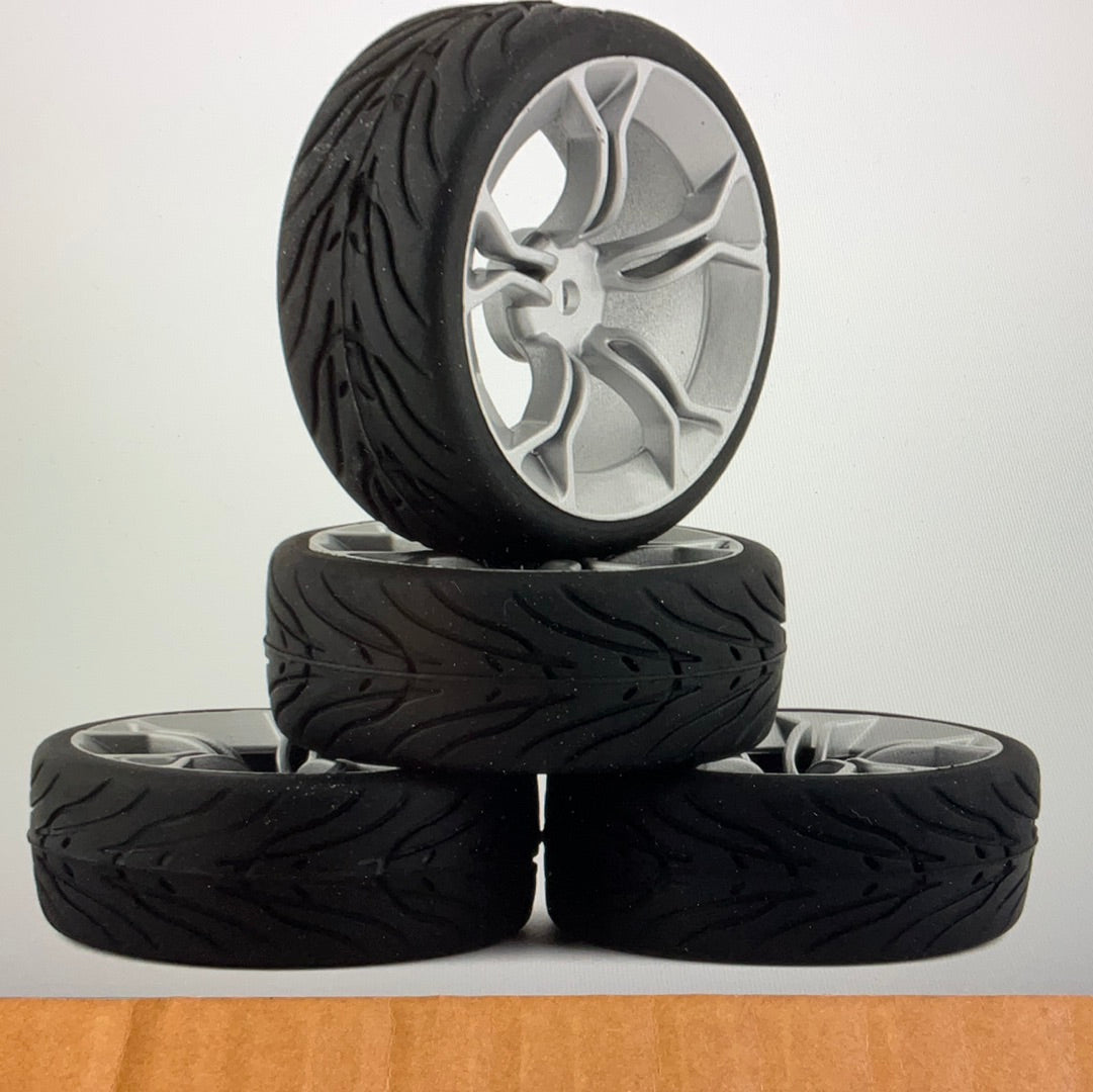 Yeah Racing Spec T Pre-Mounted On-Road Touring Tires w/MS Wheels (Silver) (4) w/12mm Hex & 3mm Offset