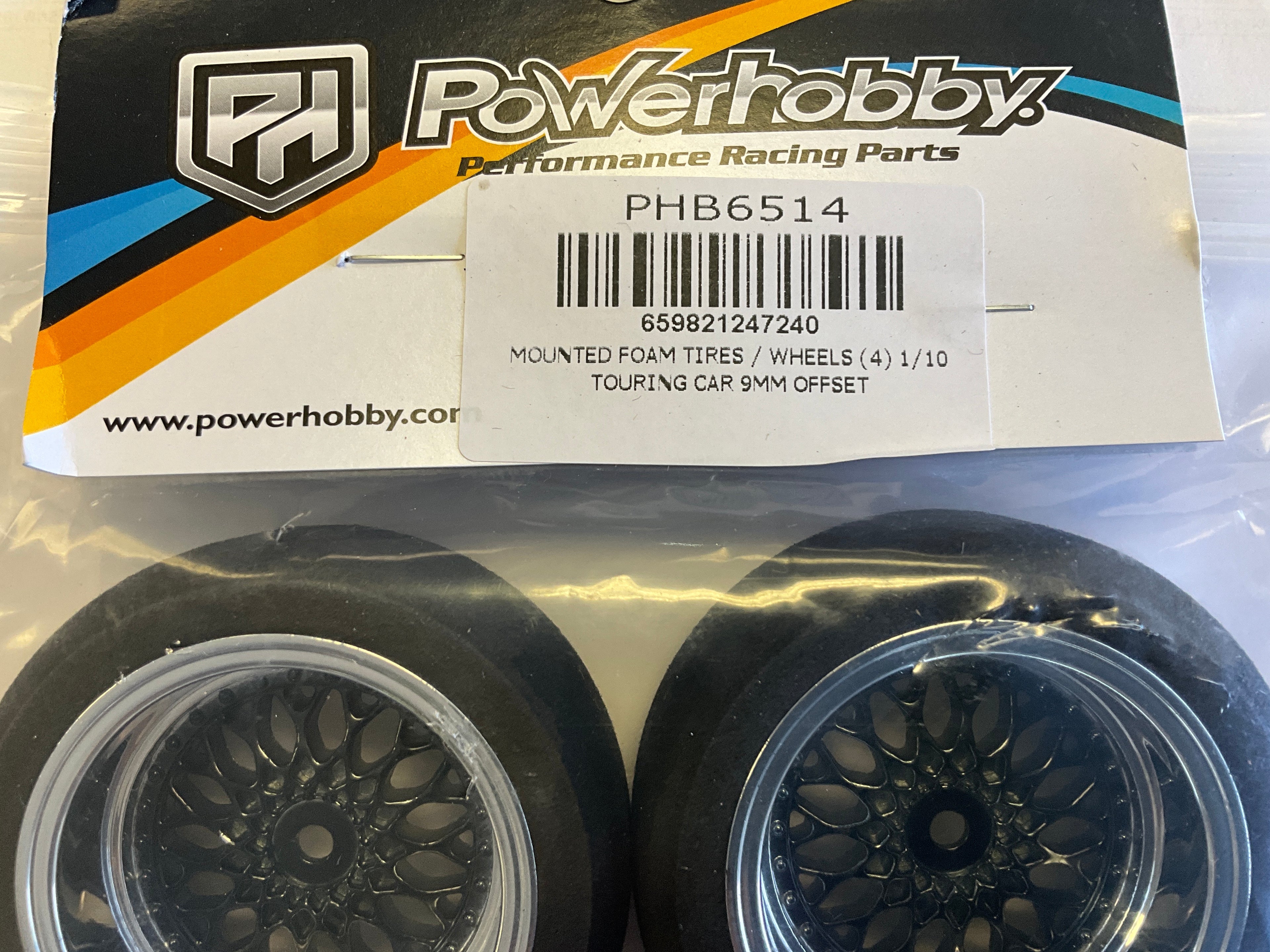 Powerhobby Mounted Foam Tires / Wheels (4) 1/10 Touring Car 9mm Offset Black