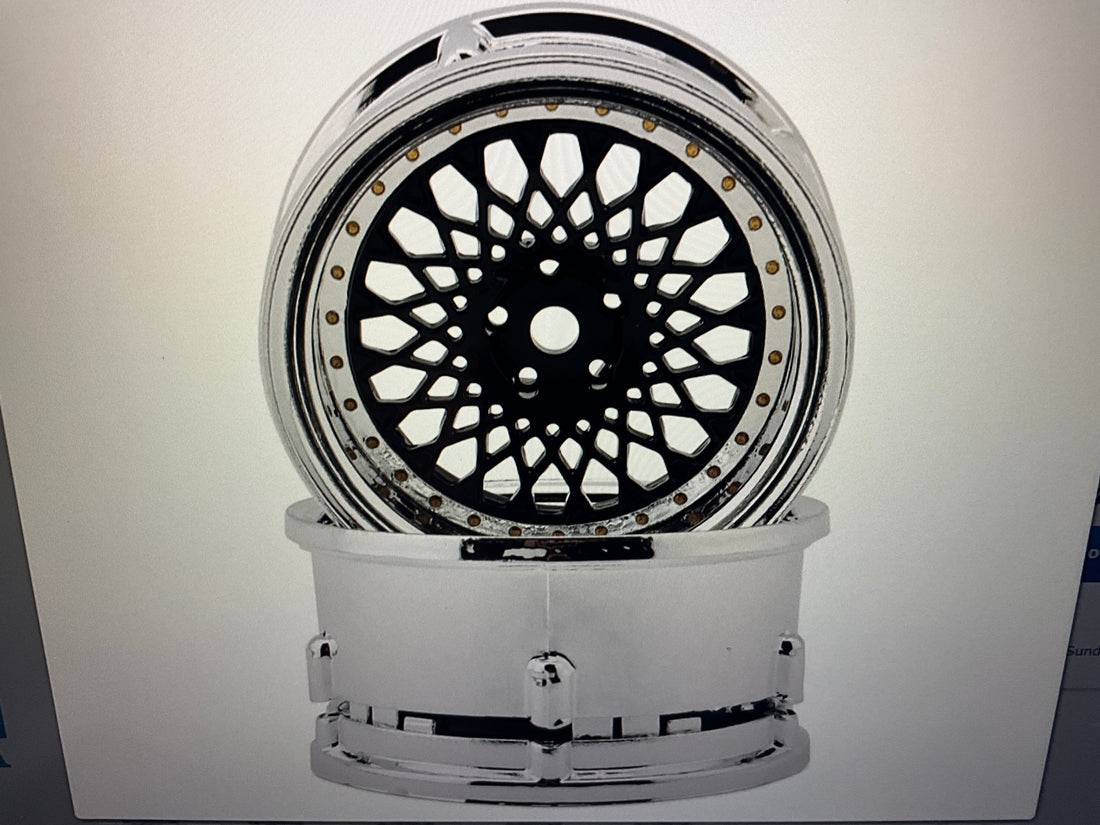 DS Racing Element Mesh Drift Wheels (Black w/Chrome Lip &amp; Gold Rivets) (Adjustable Offset) (2) w/12mm Hex