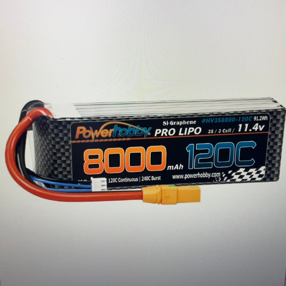 Power Hobby 3S 11.4V 8000MAH 120C Graphene + HV LIPO Battery w/ XT90 Plug 120C Continuous / 240C Burst