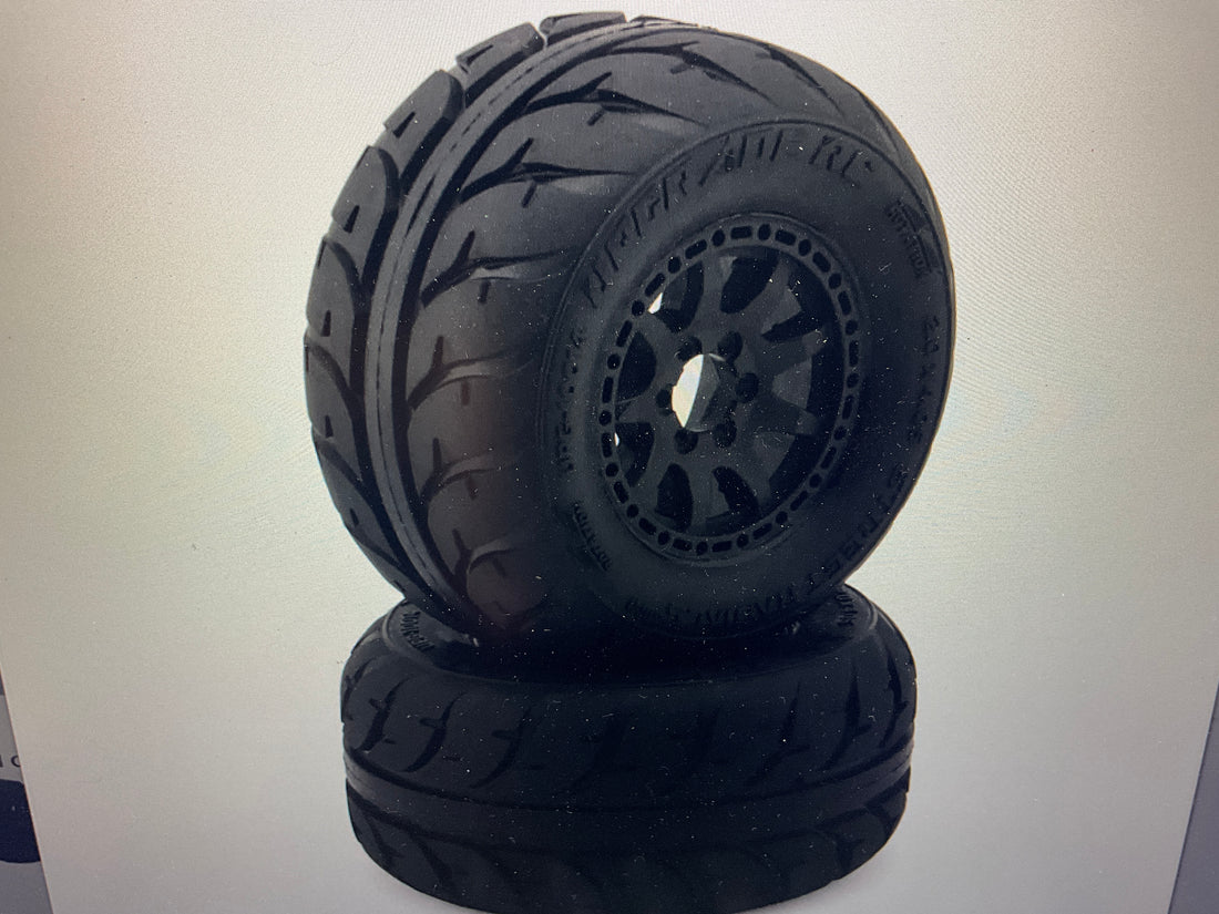 UpGrade RC Street Radials 2.2&quot; Pre-Mounted On-Road Tires for Traxxas® Mini Maxx® &amp; Mini XRT® (2) w/12mm Narrow, 12mm Wide, &amp; 14mm Hexes