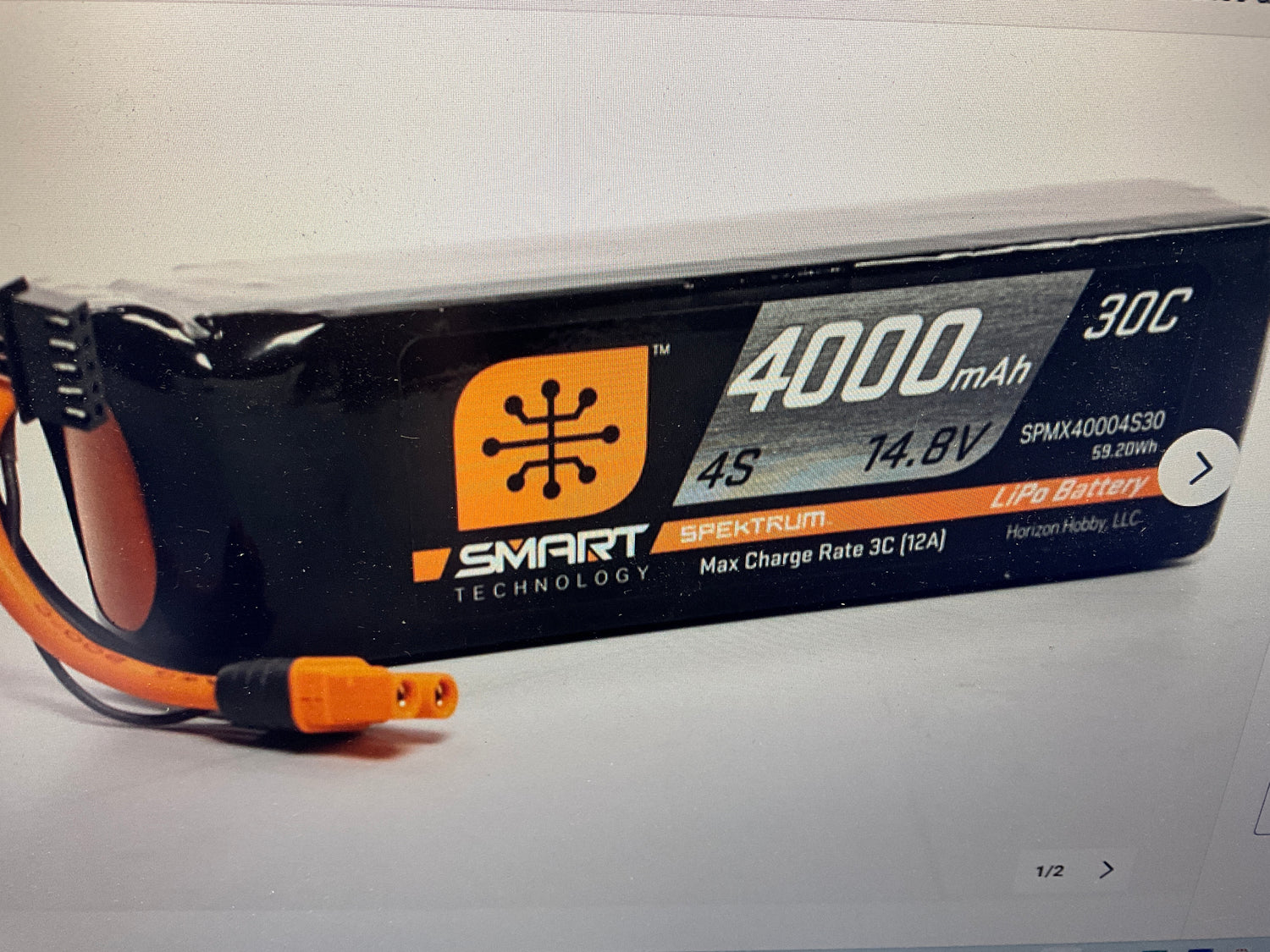 SPEKTRUM 14.8V 4000mAh 4S 30C Smart LiPo Battery: IC3