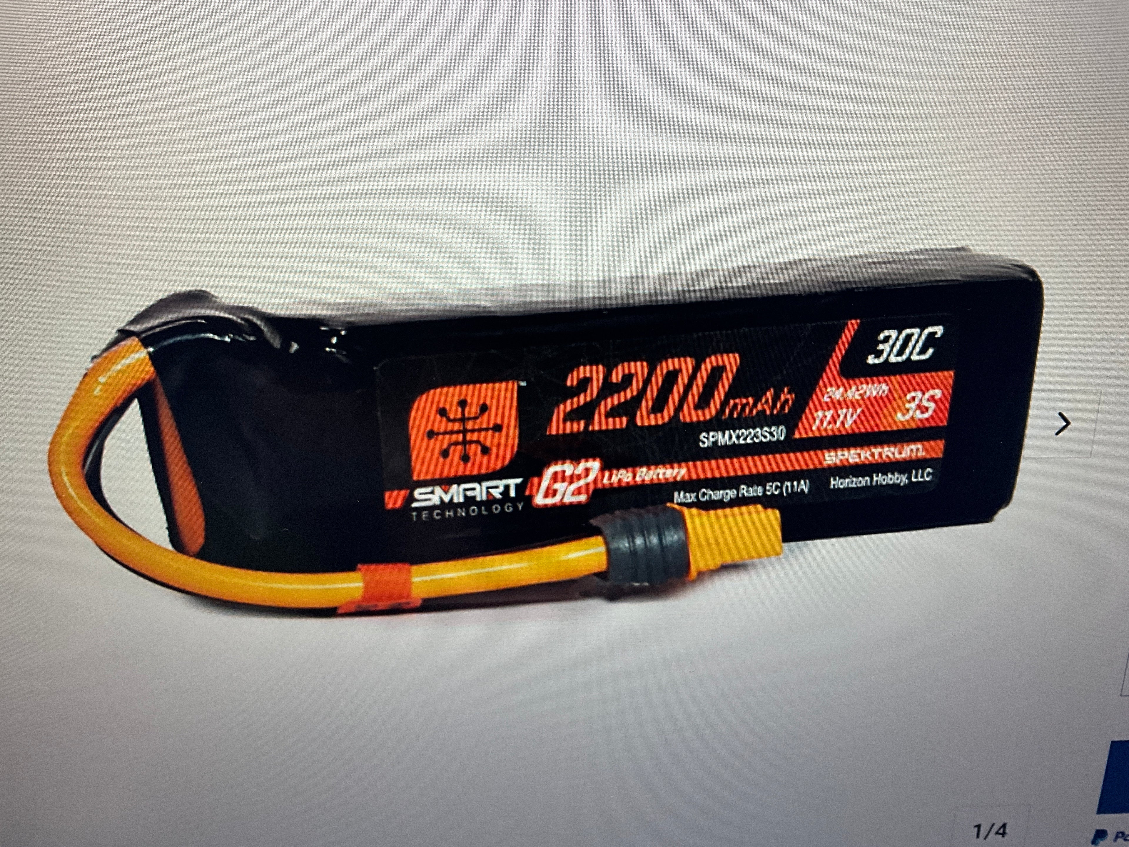 SPEKTRUM 11.1V 2200mAh 3S 30C Smart G2 LiPo Battery: IC3