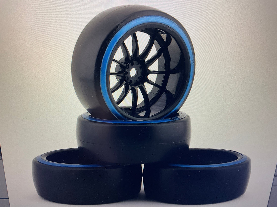 Firebrand RC Char D29B Pre-Mounted 2-Piece Slick Drift Tires (4) (Black/Blue) w/D2 Tires, 12mm Hex &amp; 9mm Offset