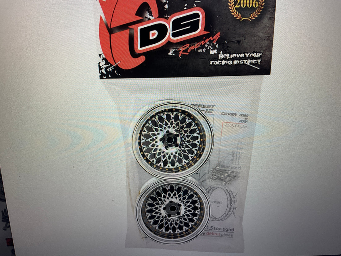 DS Racing Element Mesh Drift Wheels (Tri Chrome w/Gold Rivets) (2) (Adjustable Offset) (2) w/12mm Hex