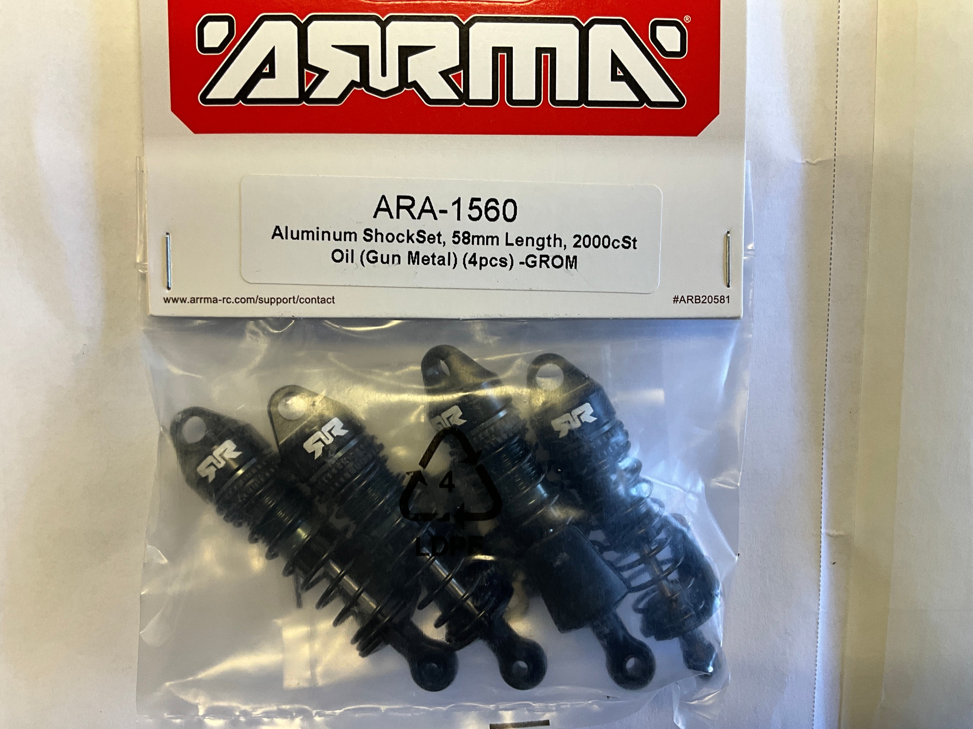 ARRMA Aluminum Shock Set, 58mm Length, 2000cSt Oil (4), Gunmetal: GROM