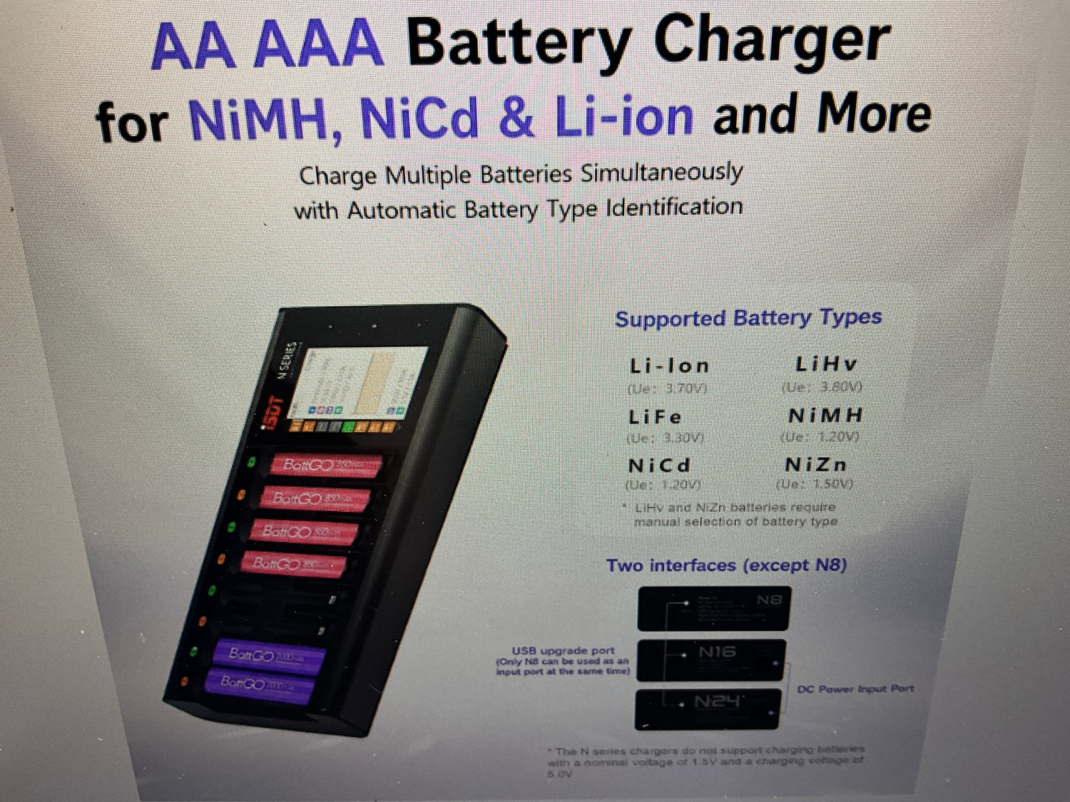 ISDT N8 8-Bay Fast Battery Charger AA AAA with LCD Discharge Analyzer for Nimh Nizn Nicd Rechargeable Batteries, Smart Mini Z Battery Charger Tester, USB-C