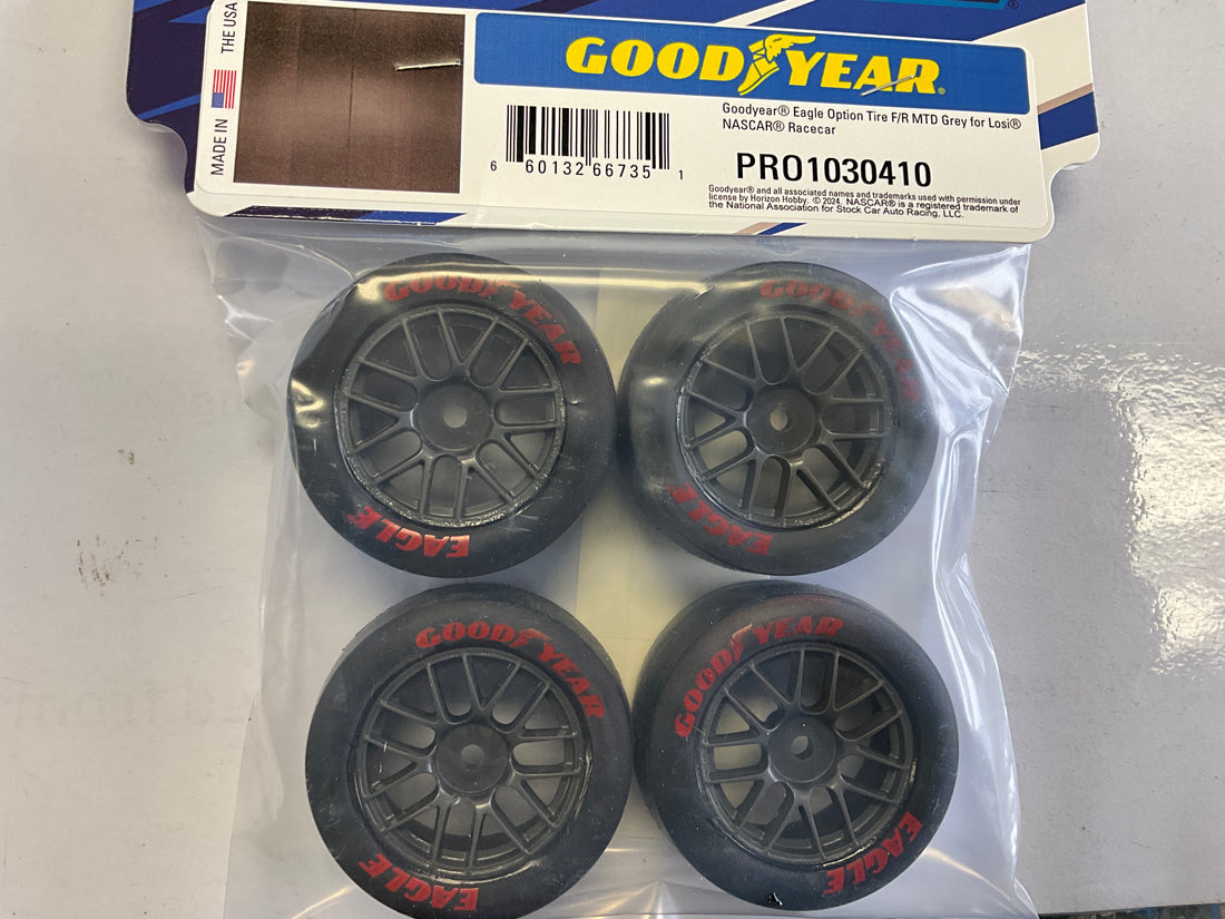 PROLINE 1/12 Goodyear Eagle Option Tire F/R MTD Gray Wheels (4): Losi NASCAR