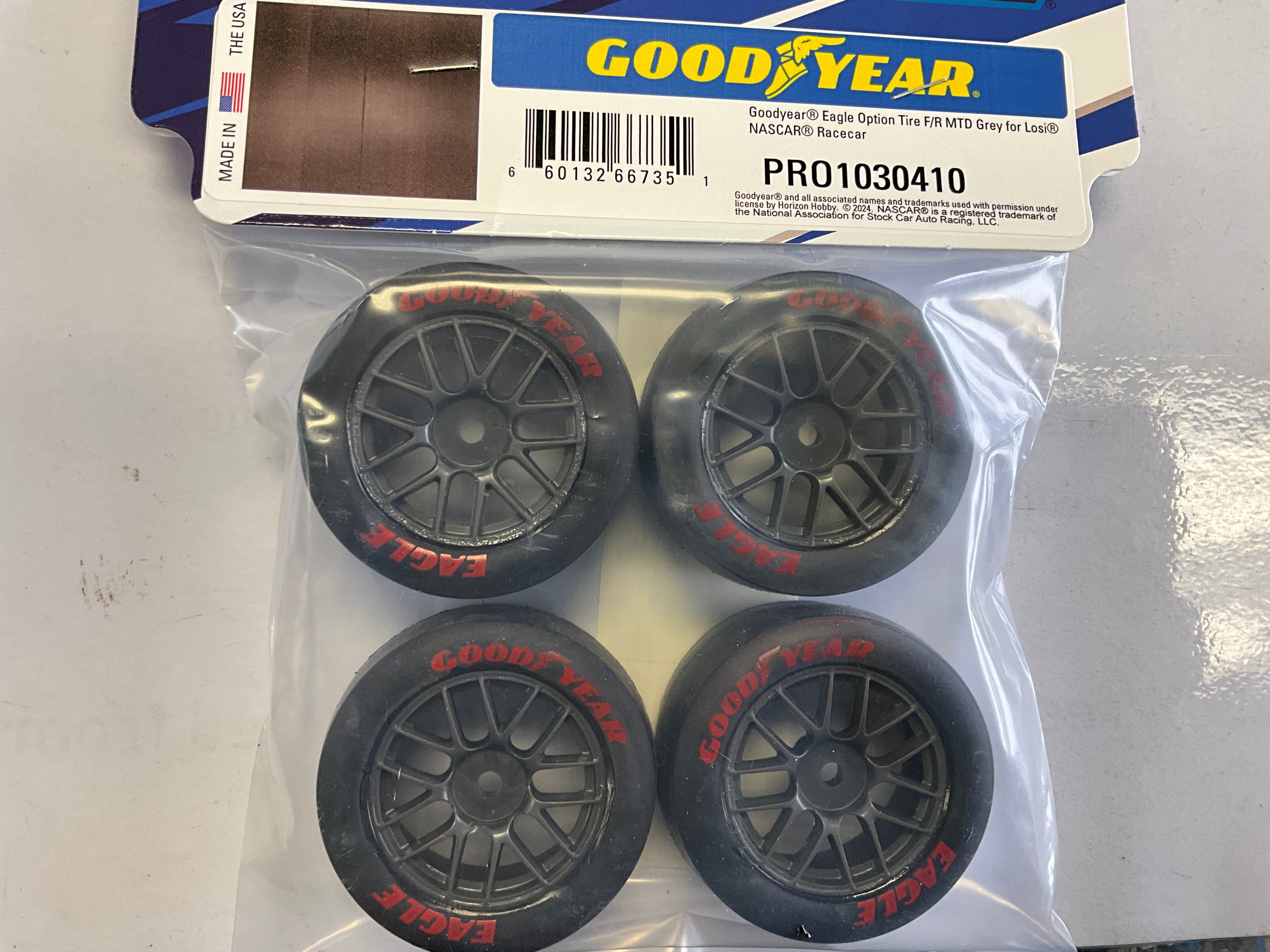 PROLINE 1/12 Goodyear Eagle Option Tire F/R MTD Gray Wheels (4): Losi NASCAR