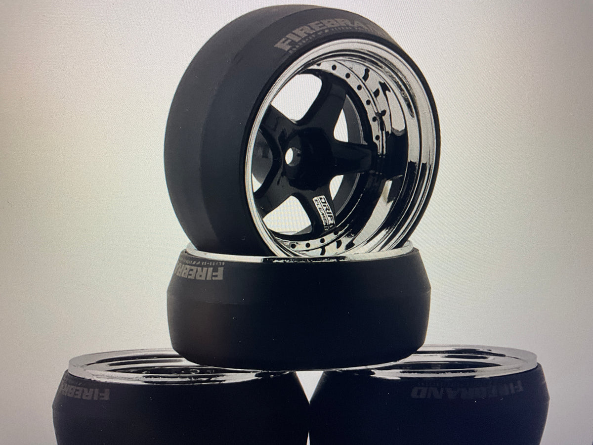 Firebrand RC Element-DSR 1/10 Drift Wheel Kit w/HDPE Tires (Black/Chrome) (4) (5 Degree) w/12mm Hex