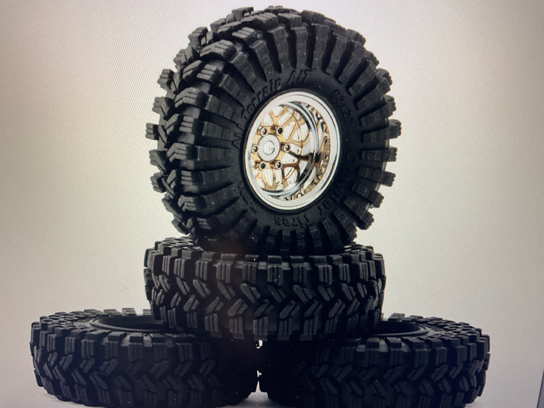 Injora 1.0" Deep Dish Aluminum Micro Crawler Beadlock Wheels w/Swamp Claw Tires (S5) (Gold/Chrome) (4) (37g ea) (62mm OD)