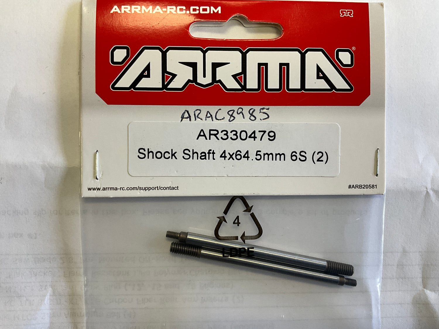 ARRMA Shock Shaft 4x64.5mm (2): 6S AR330479