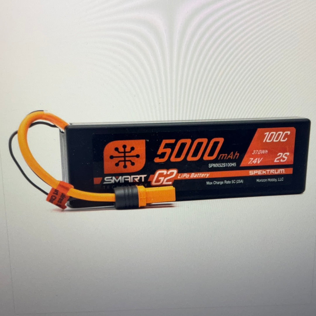 SPEKTRUM 7.4V 5000mAh 2S 100C Smart G2 Hardcase LiPo Battery: IC5