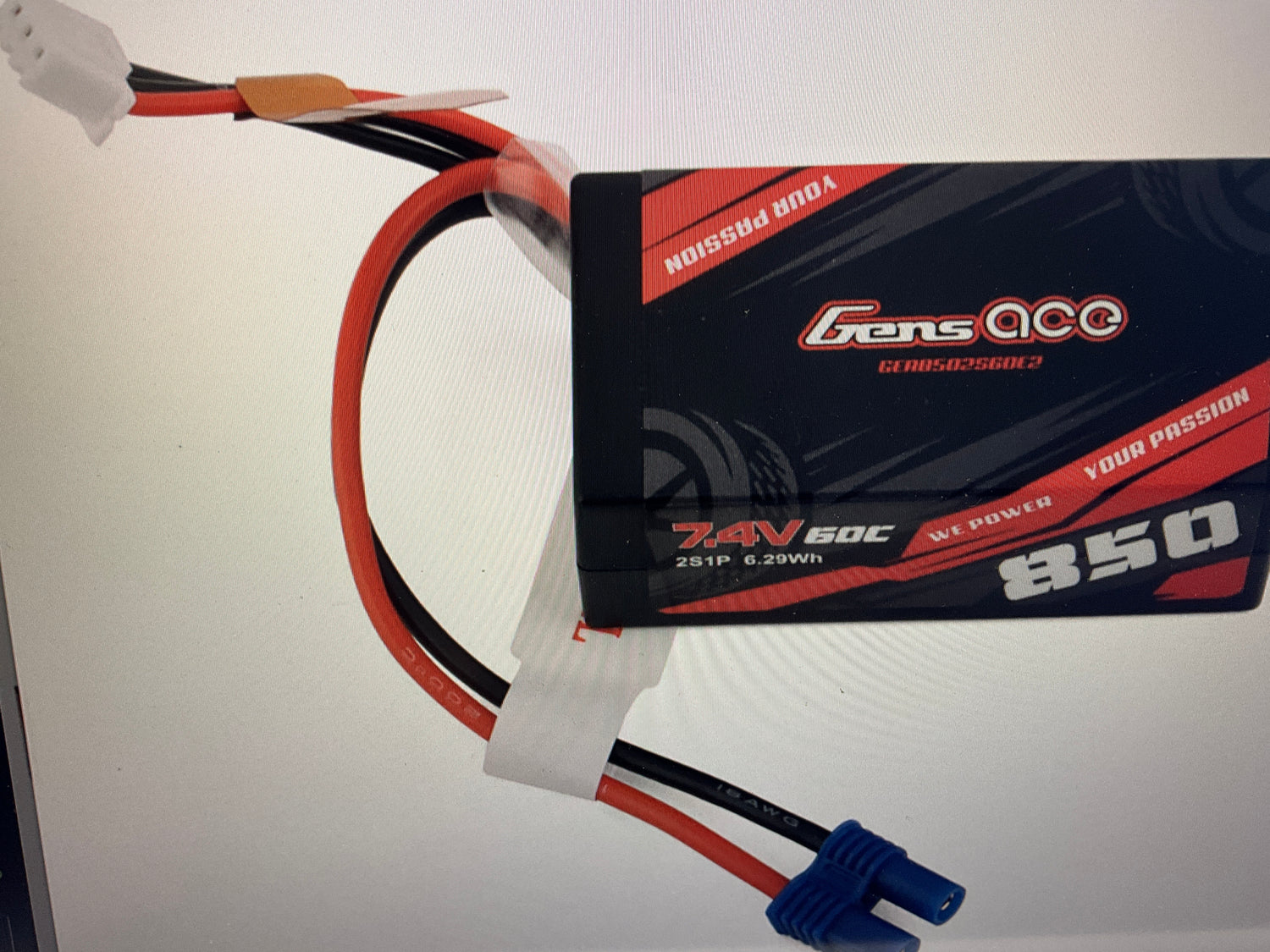 Gens Ace 2S LiPo Battery 60C (7.4V/850mAh) w/EC2 Connector (Losi Mini-B)