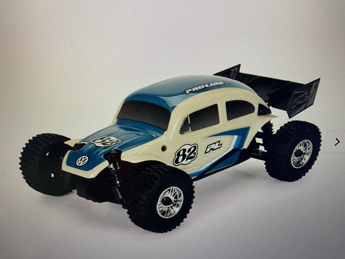 Class 1 VW Bug Blue Race Body Conversion Kit and Flat Iron M/T Tires Mounted 7mm Black Diablo (4) for ARRMA TYPHON GROM