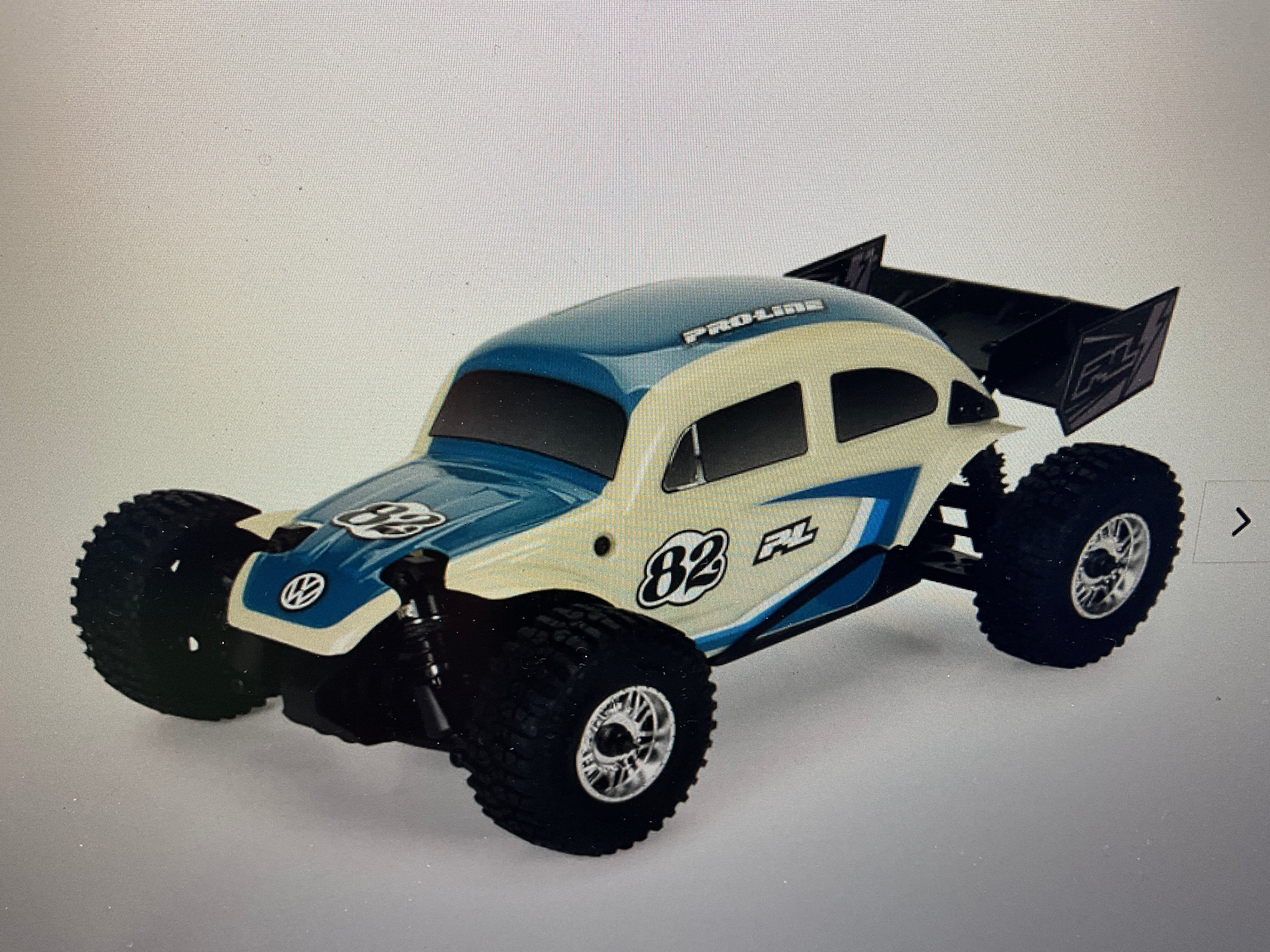 Class 1 VW Bug Blue Race Body Conversion Kit and Flat Iron M/T Tires Mounted 7mm Black Diablo (4) for ARRMA TYPHON GROM