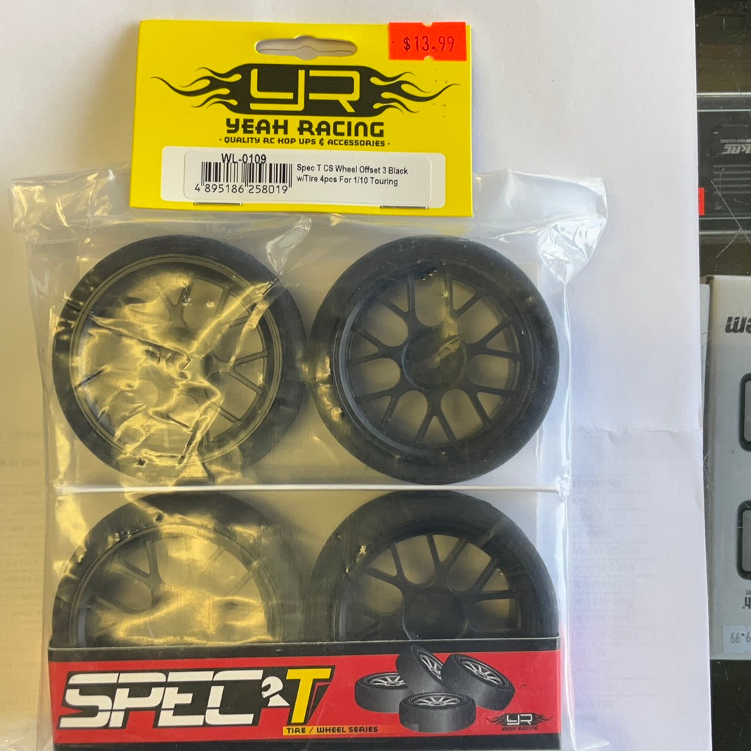 Yeah Racing Spec T Pre-Mounted On-Road Touring Tires w/CS Wheels (Black) (4) w/12mm Hex &amp; 3mm Offset