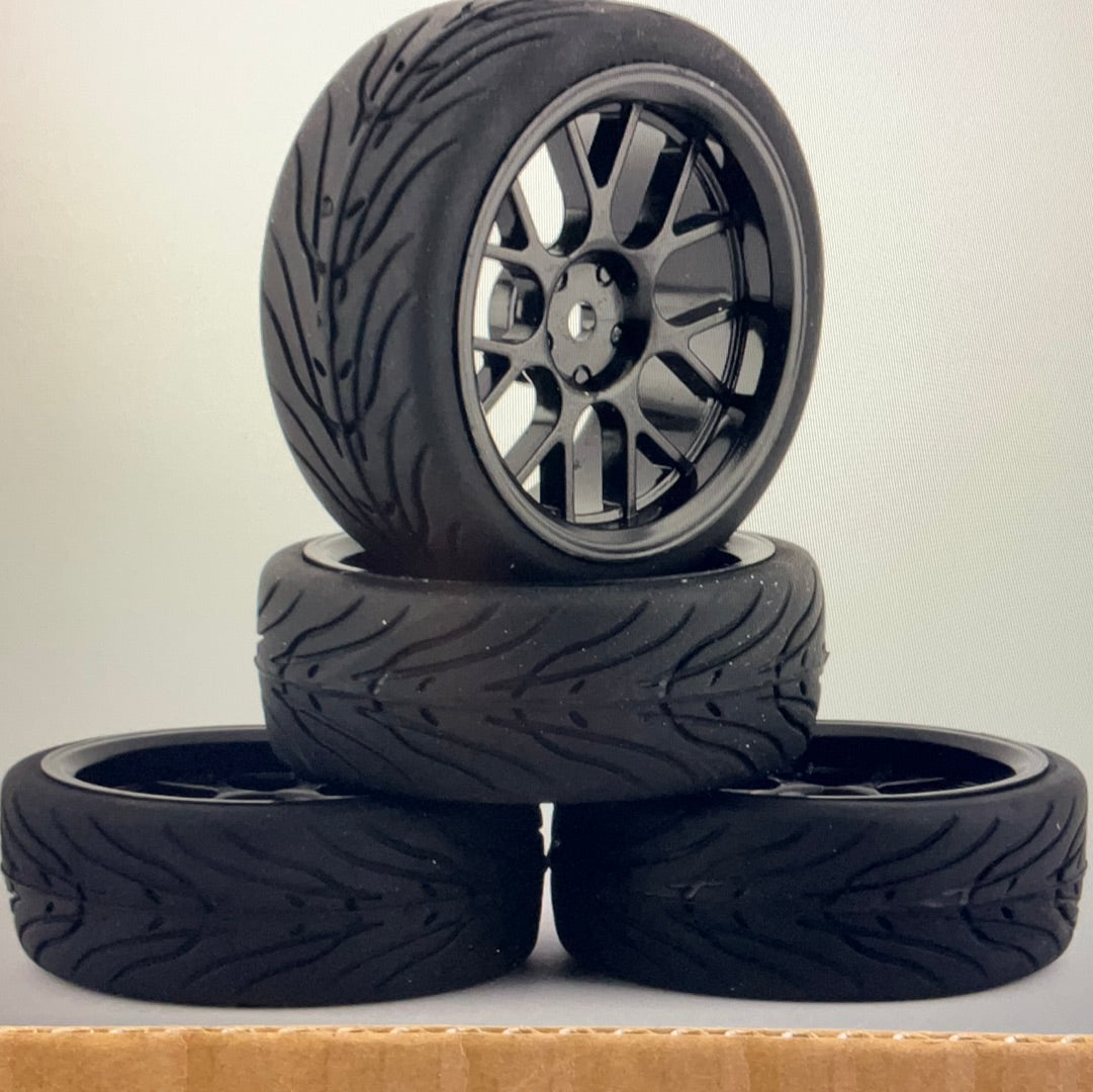 Yeah Racing Spec T Pre-Mounted On-Road Touring Tires w/CS Wheels (Black) (4) w/12mm Hex &amp; 3mm Offset