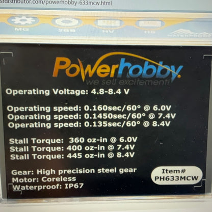 Powerhobby 633MCW High Voltage Waterproof Coreless Steel Gear Servo / Aluminum Case