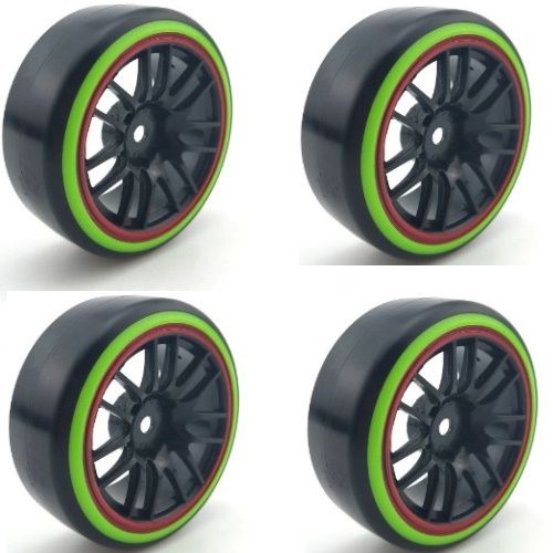 Powerhobby 1/10 Drift Car Slick Mounted Tires / Wheels (4) Green / Silver PY204