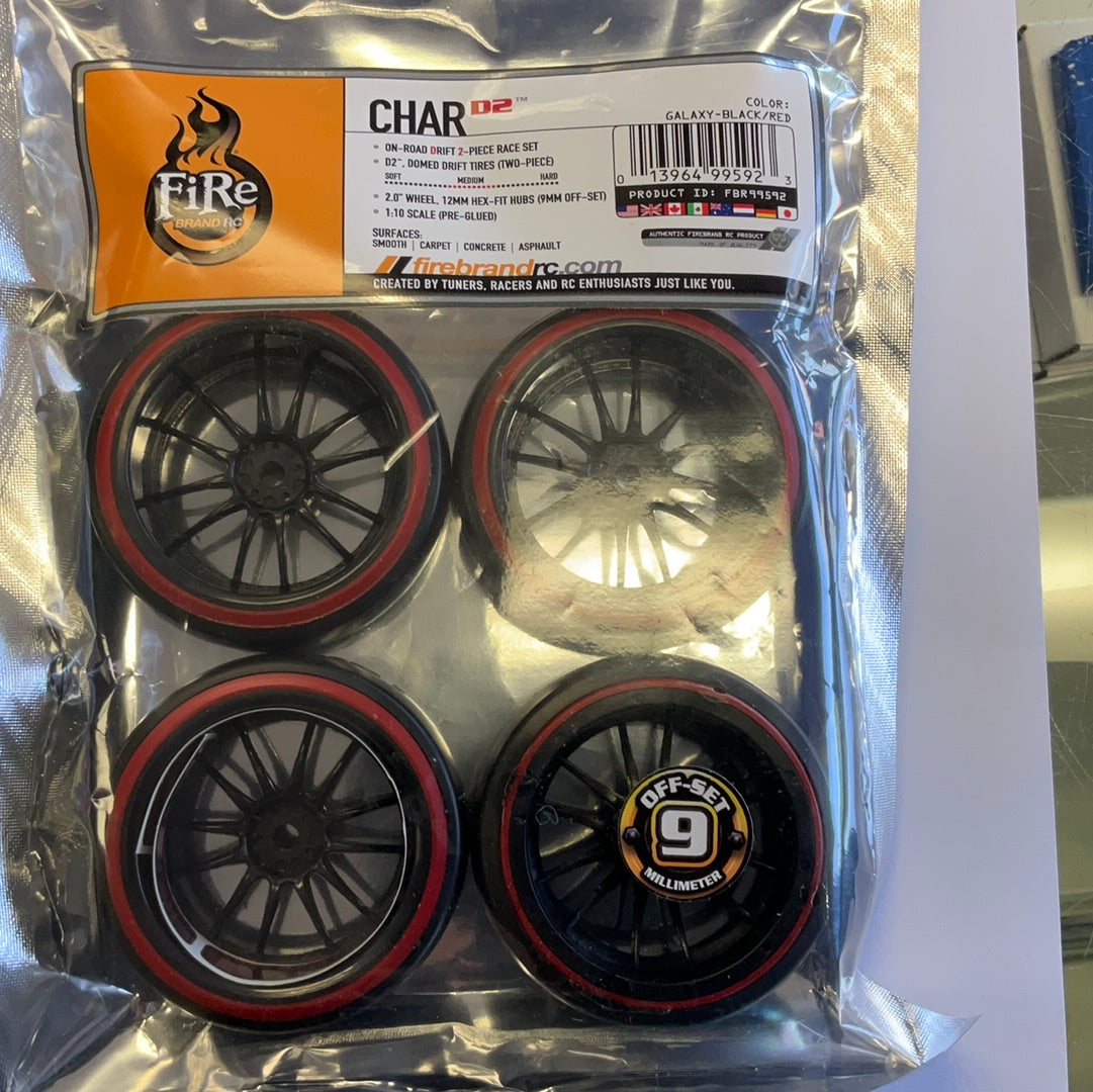 Firebrand RC Char D29R Pre-Mounted 2-Piece Slick Drift Tires (4) (Black/Red) w/D2 Tires, 12mm Hex &amp; 9mm Offset