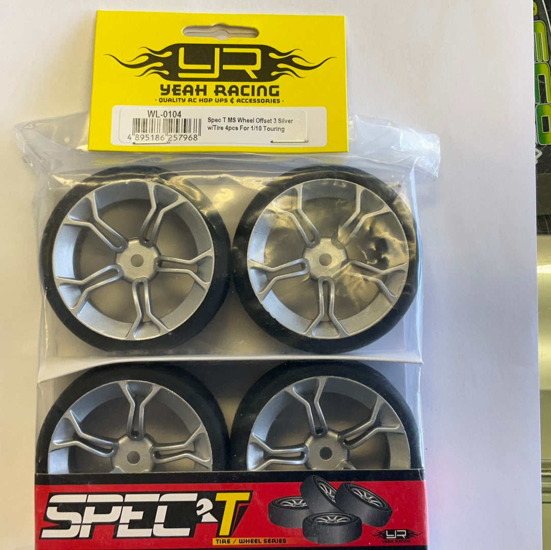 Yeah Racing Spec T Pre-Mounted On-Road Touring Tires w/MS Wheels (Silver) (4) w/12mm Hex &amp; 3mm Offset