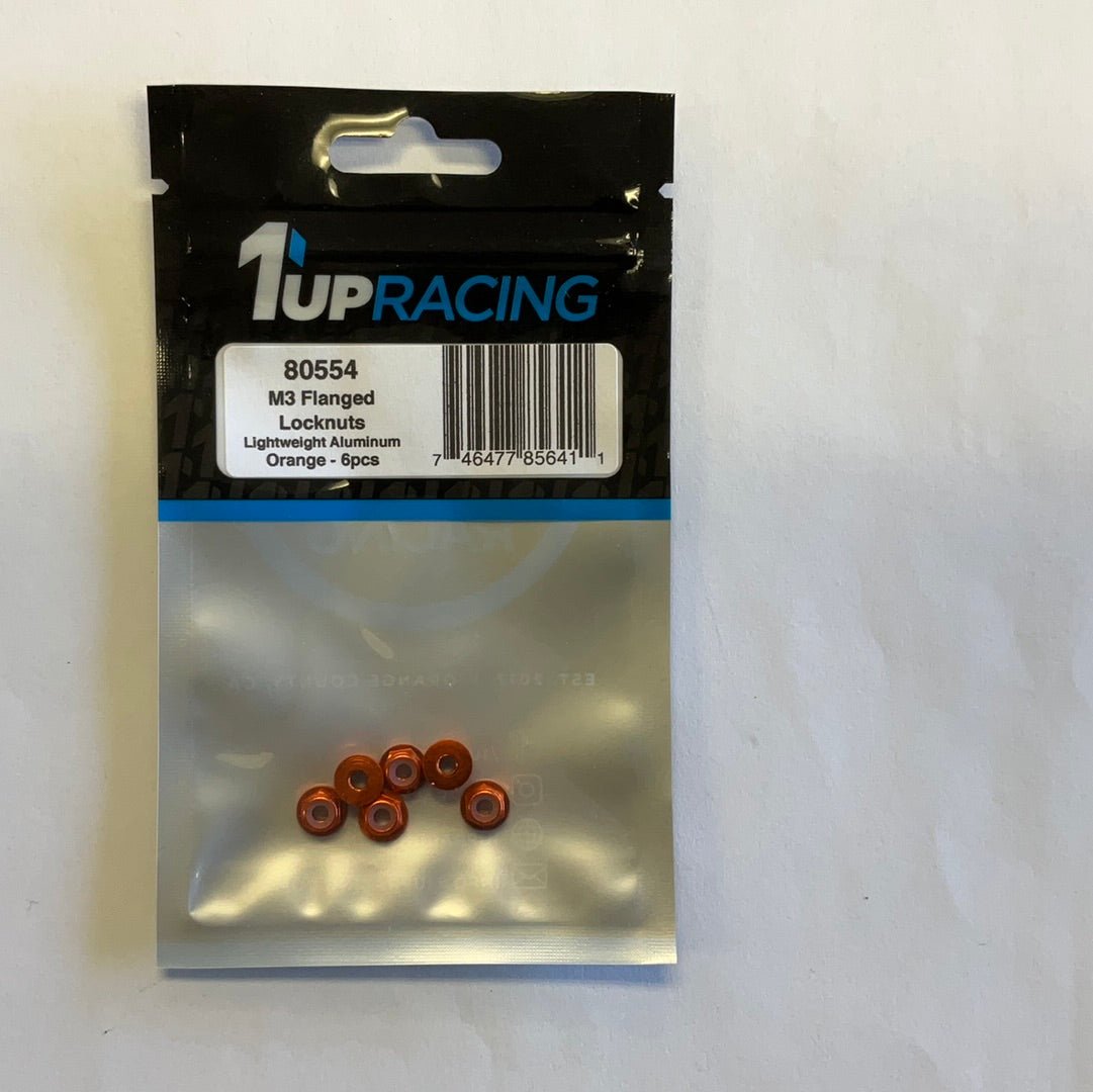 1UP Racing 3mm Aluminum Flanged Locknuts (Orange) (6)