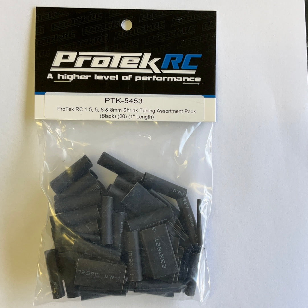 ProTek RC 1.5, 5, 6 &amp; 8mm Shrink Tubing Assortment Pack (Black) (20) (1&quot; Length)
