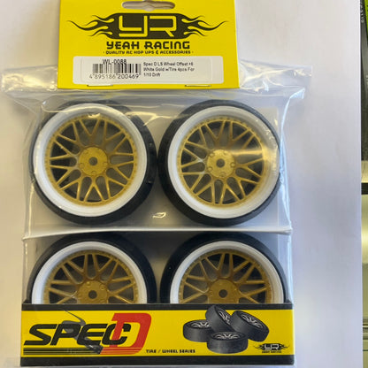 Yeah Racing Spec D Pre-Mounted Drift Tires w/LS Mesh Wheels (White/Gold) (4) w/12mm Hex &amp; 6mm Offset