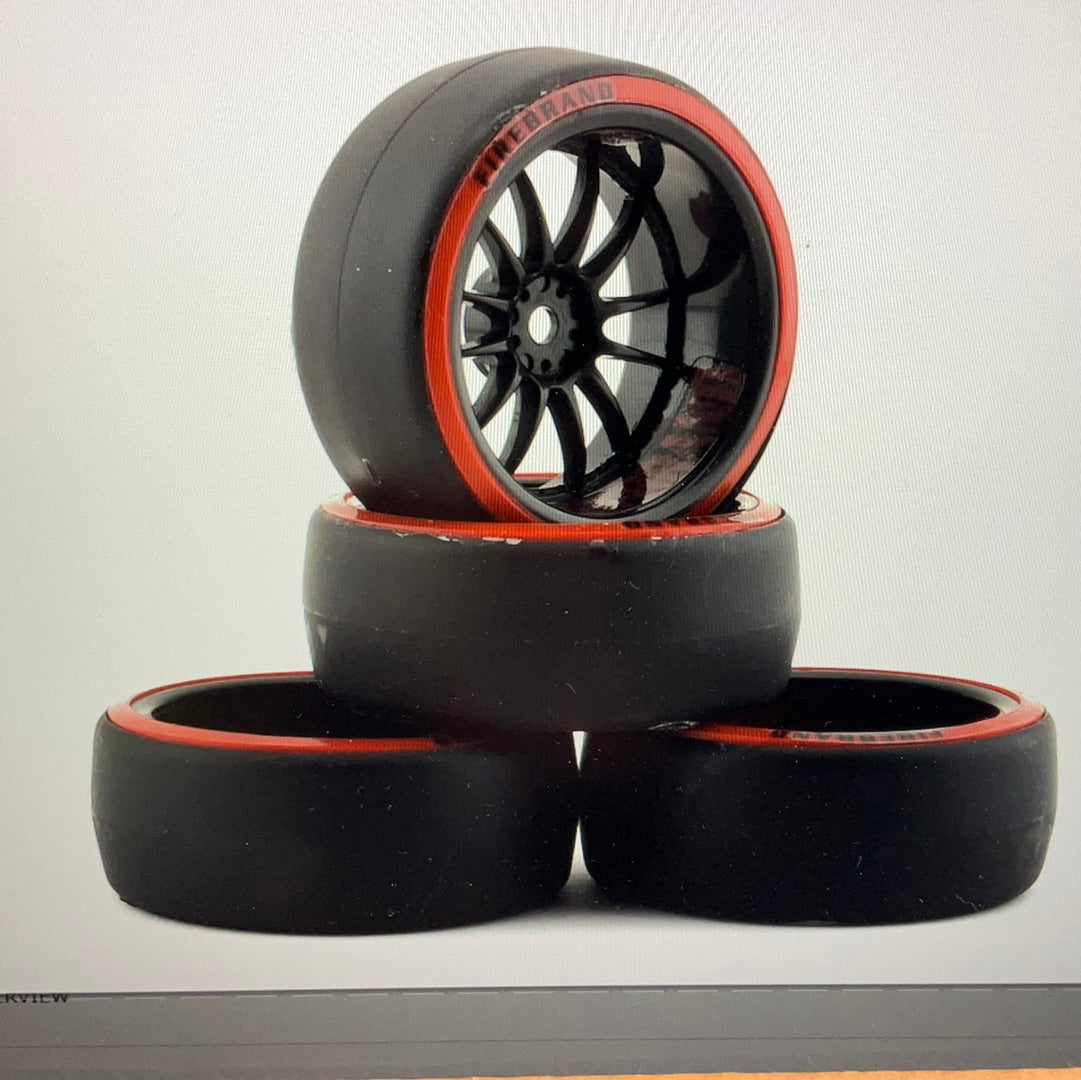 Firebrand RC Char D29R Pre-Mounted 2-Piece Slick Drift Tires (4) (Black/Red) w/D2 Tires, 12mm Hex &amp; 9mm Offset